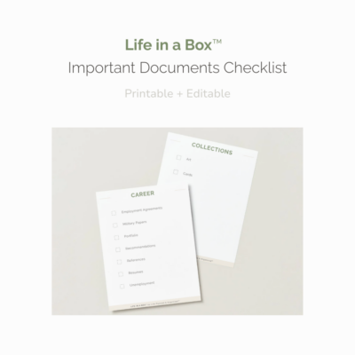 Life in a Box important documents checklist printable and editable Canva template for organizing personal and household documents
