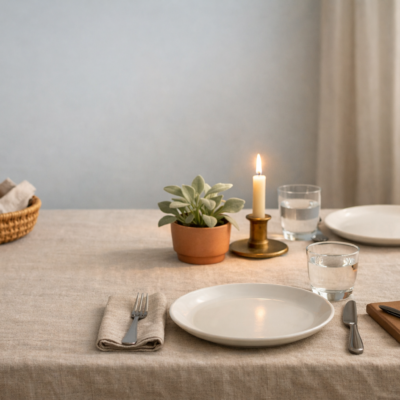 Cozy supper table set for two with candlelight, plant centerpiece, bread basket, and two place settings facing each other across the table.