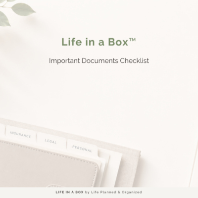 Life in a Box Important Documents Checklist cover with organized document folders and file tabs